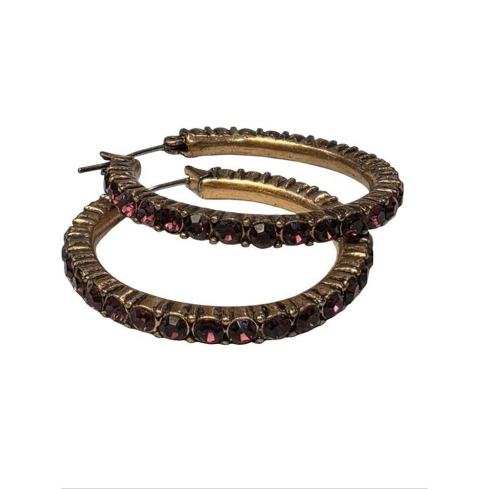 Lucky Brand Gold Tone Purple Crystal Textured Hoop Earrings